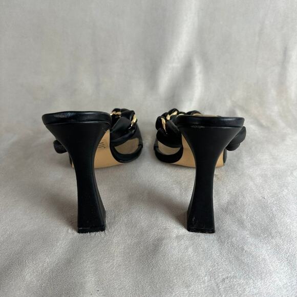 Chunky High Heels Black Braided Gold Square Toe Flare Heel Vegan Leather Size 7 - Picture 4 of 5